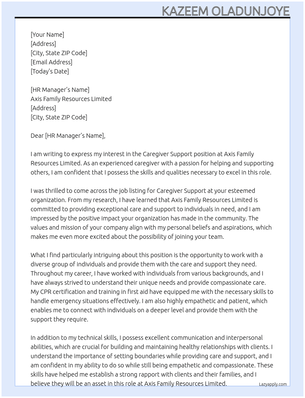 Caregiver Support At Axis Family Resources Limited Cover Letter