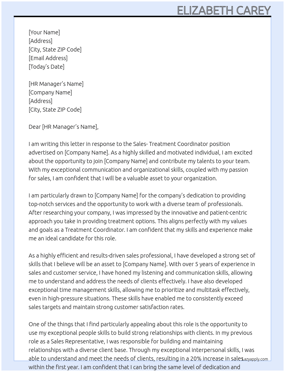 Sales - Treatment Coordinator At Confidential Cover Letter