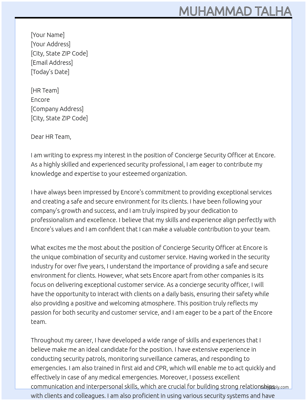 concierge security officer At Encore Cover Letter