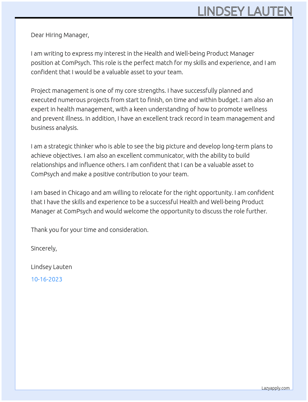 Health and Well-being Product Manager At ComPsych Cover Letter