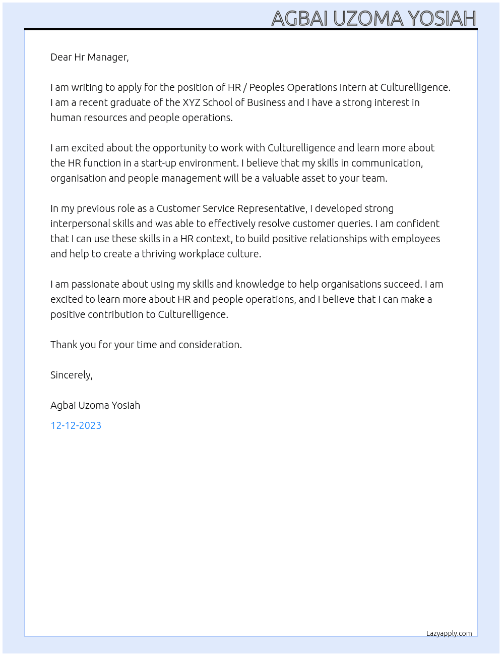 HR / Peoples Operations Intern At Culturelligence Cover Letter