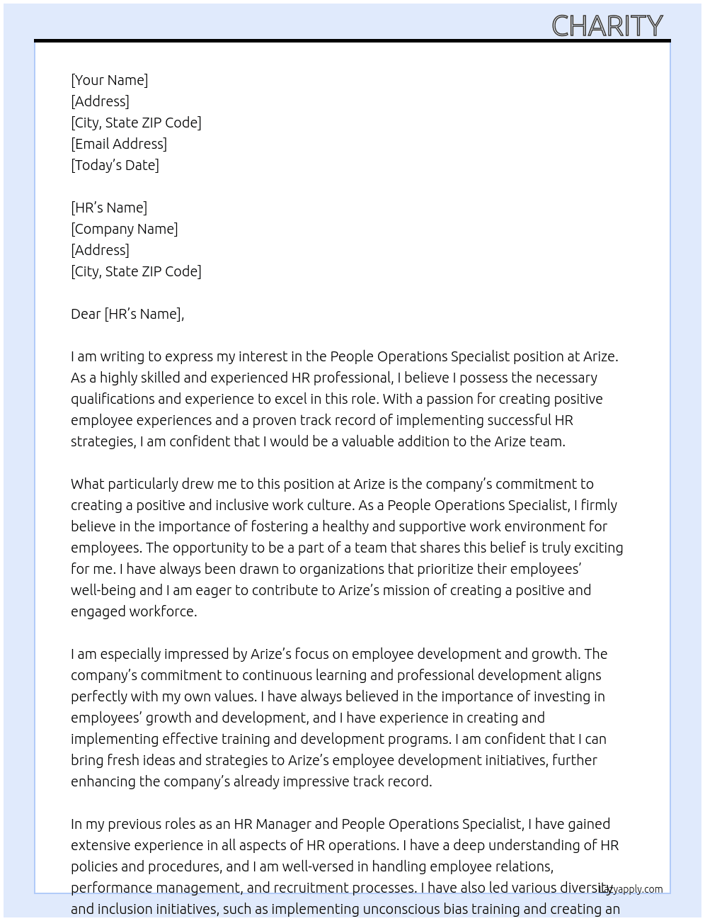 People Operations Specialist At Arize Cover Letter