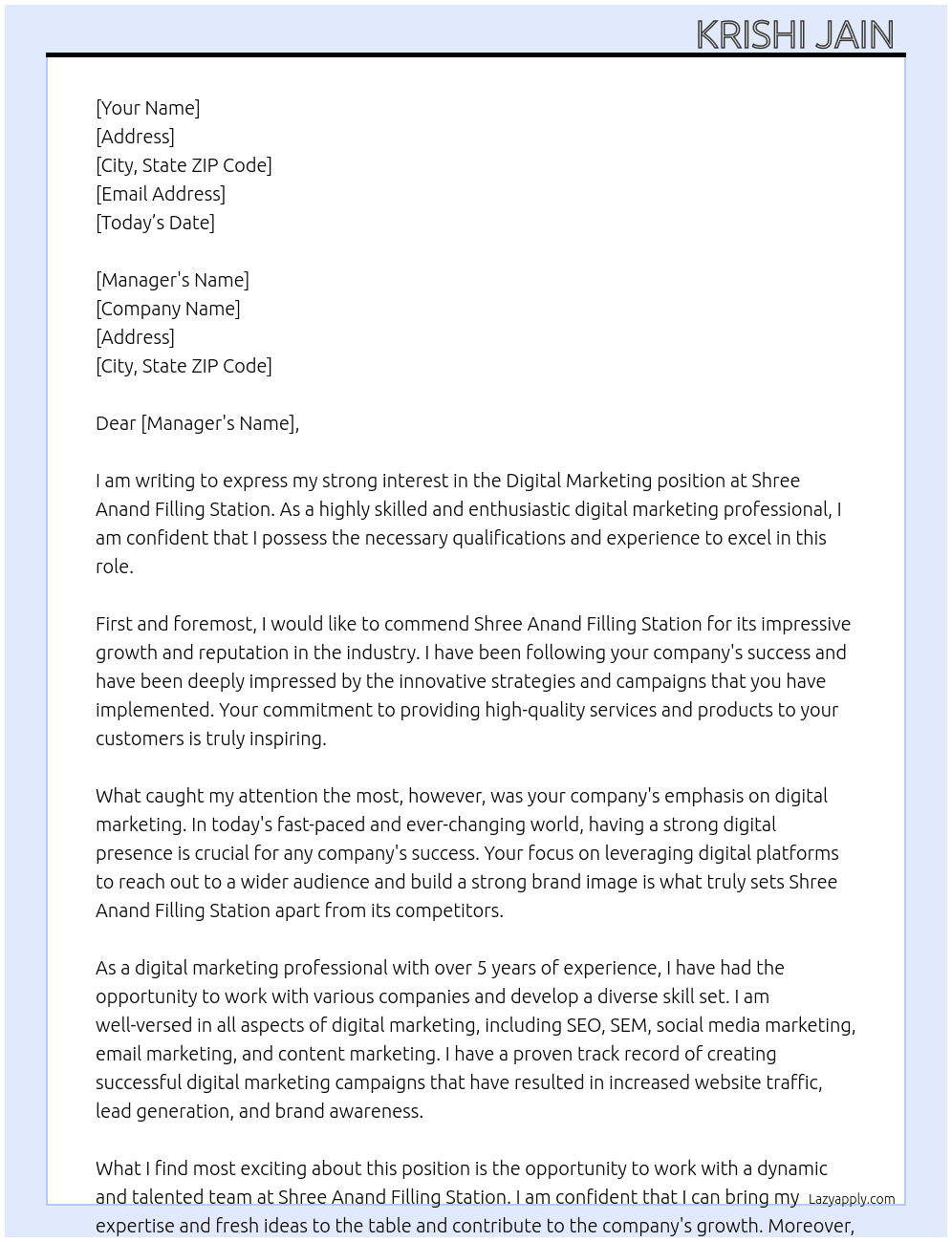 DIGITAL MARKETING At SHREE ANAND FILLING STATION Cover Letter
