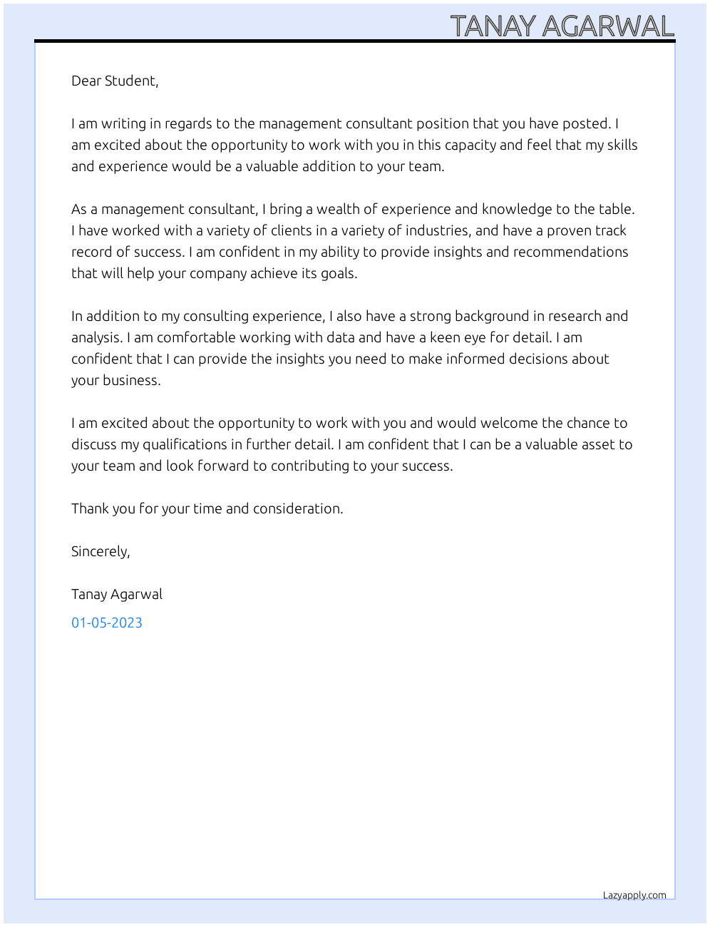 Management consultant  At Student Cover Letter