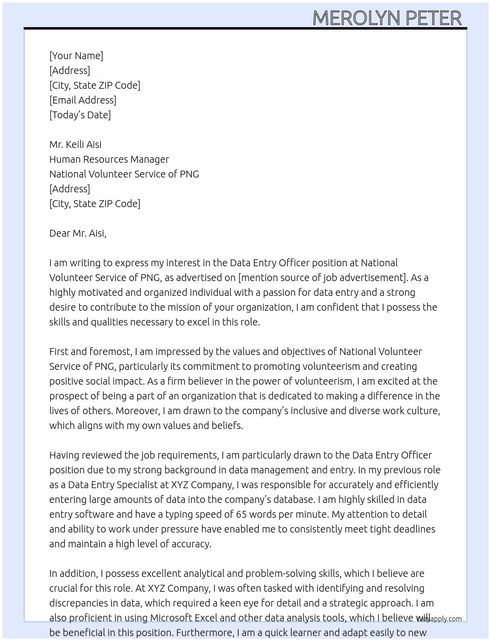 Data Entry Officer  At National Volunteer Service of PNG Cover Letter