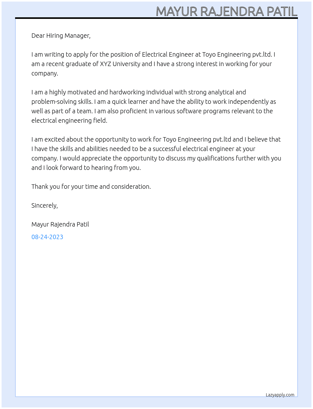 Electrical engineer At Toyo Engineering pvt.ltd. Cover Letter
