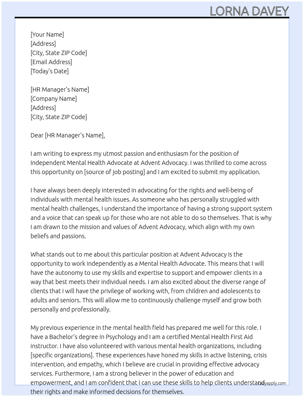 Independent Mental Health Advocate At Advent Advocacy  Cover Letter