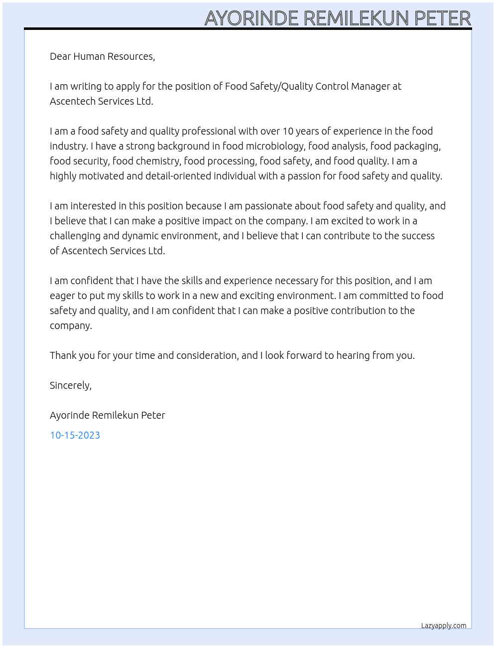 Food Safety/Quality Control Manager At Ascentech Services Ltd Cover Letter