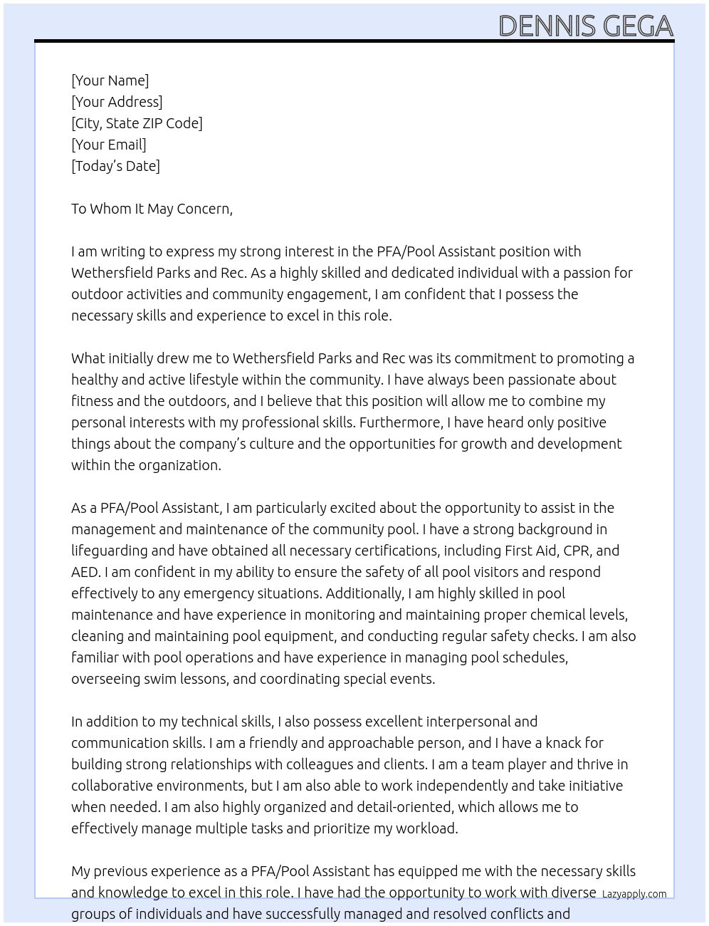PFA/Pool assistant At Wethersfield Parks and Rec Cover Letter
