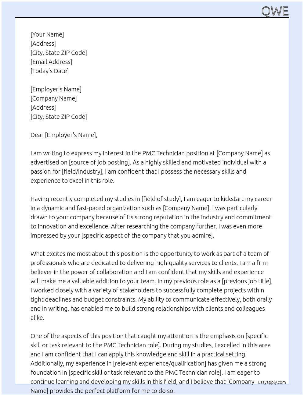 PMC Technician At qwe Cover Letter
