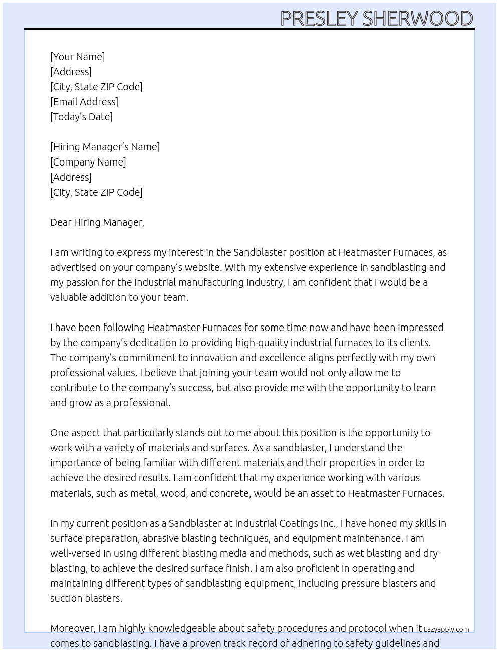 Sandblaster At Heatmaster Furnaces Cover Letter