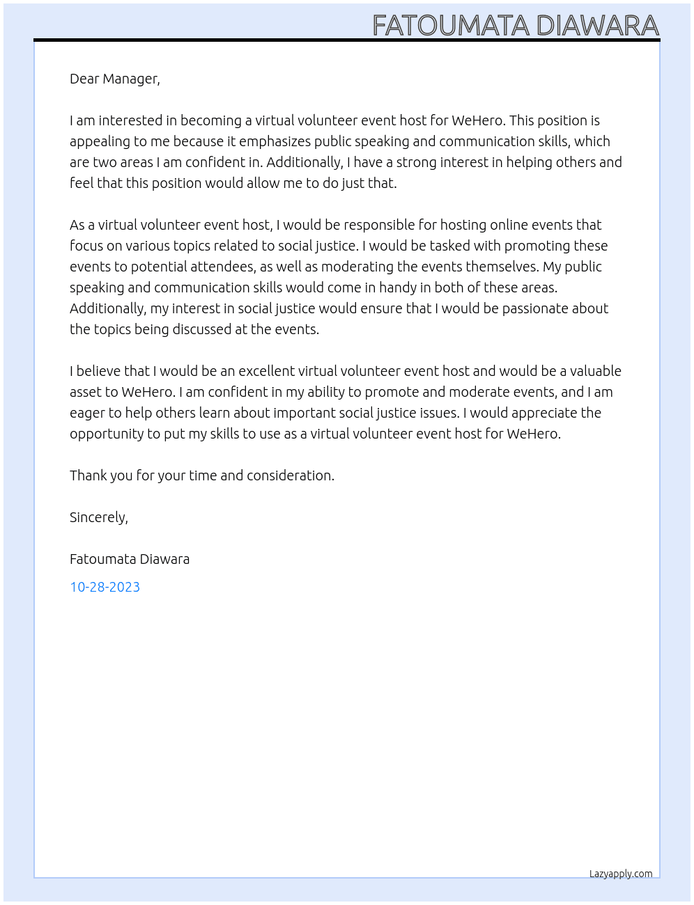 Virtual volunteer event host At WeHero Cover Letter