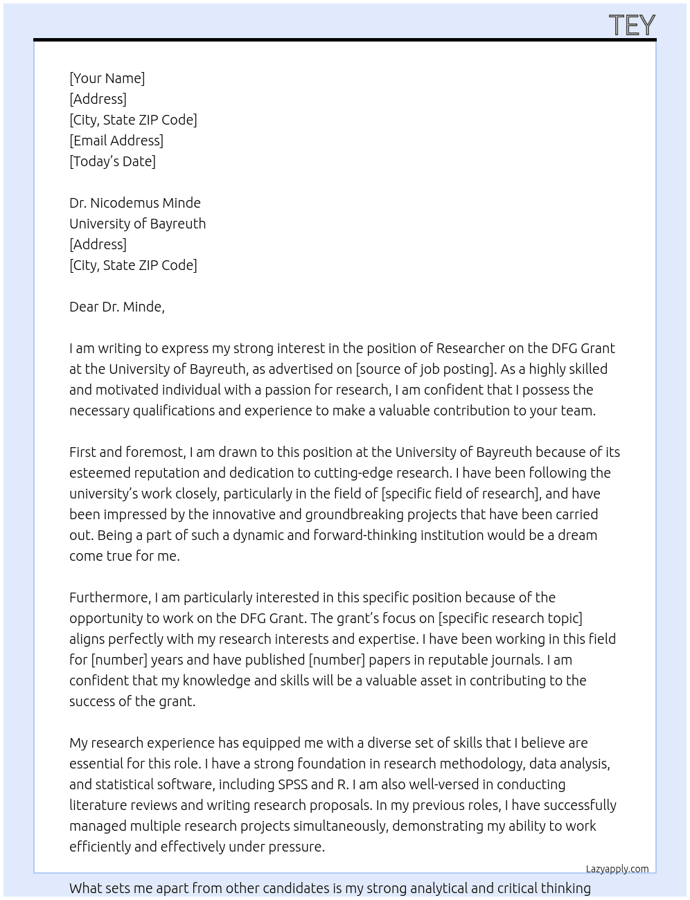 Researcher on DFG Grant  At University of Bayreuth Cover Letter