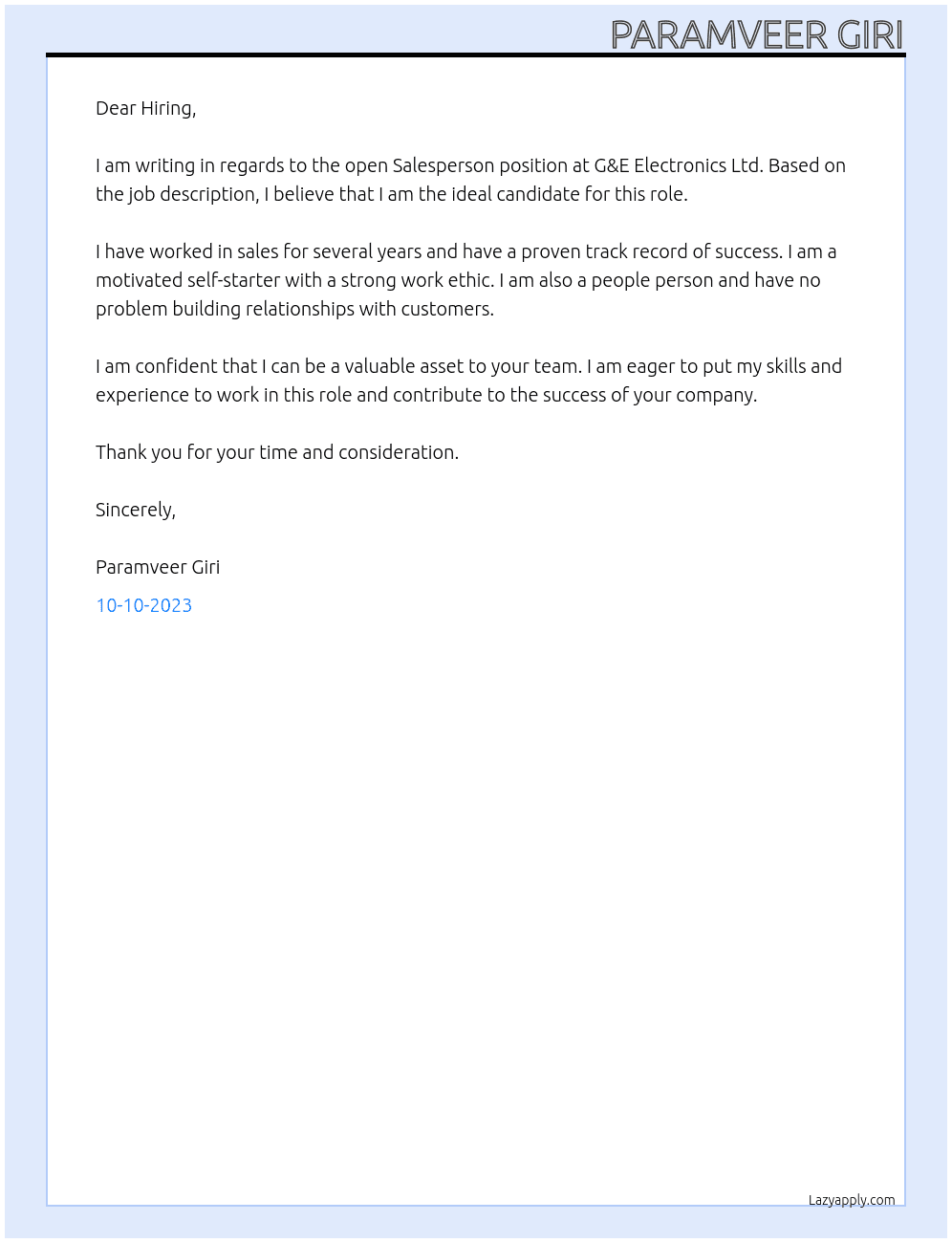 Salesperson At G & E ELECTRONICS LTD Cover Letter