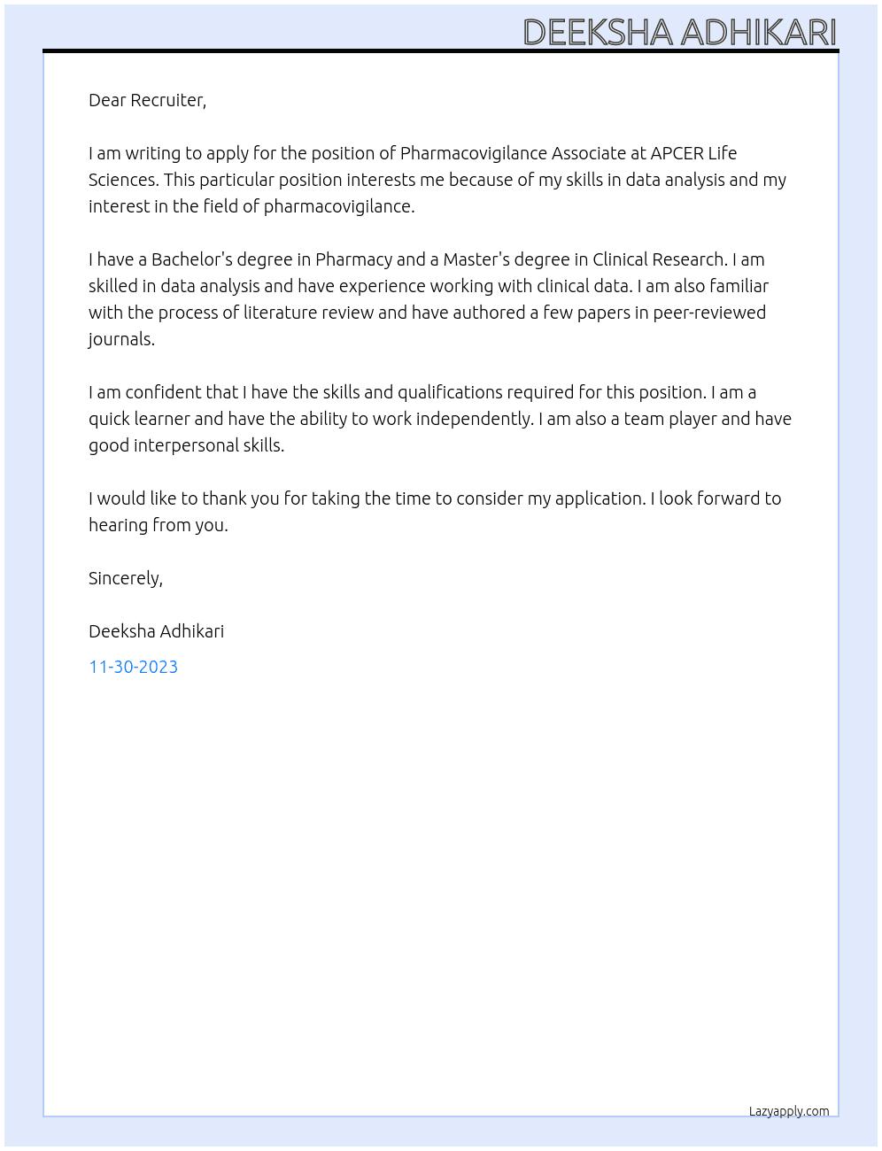 Pharmacovigilance associate At APCER Life sciences Cover Letter