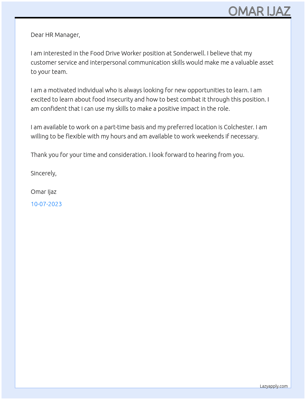 Food Drive Worker  At Sonderwell Cover Letter