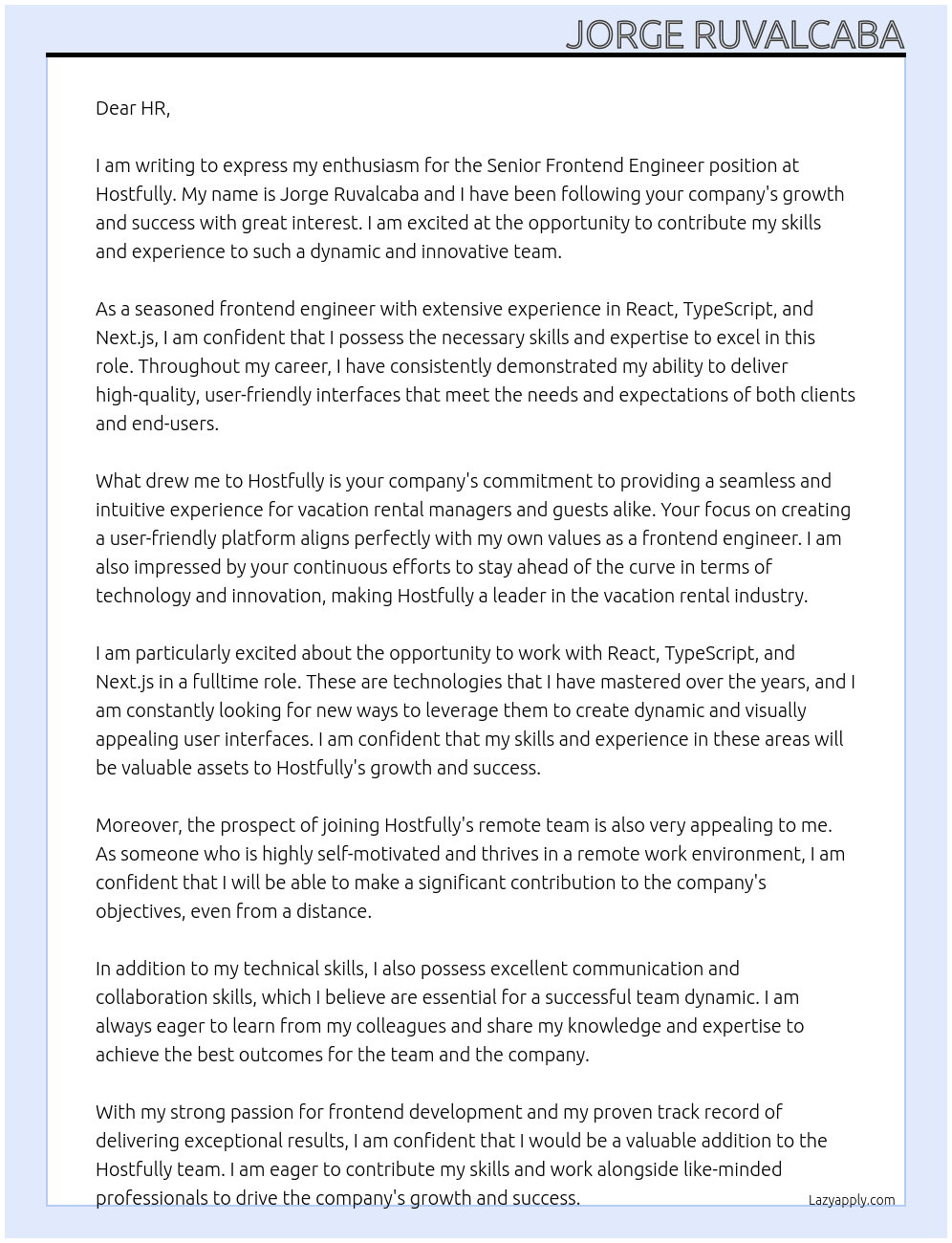 Senior Frontend Engineer At Hostfully Cover Letter