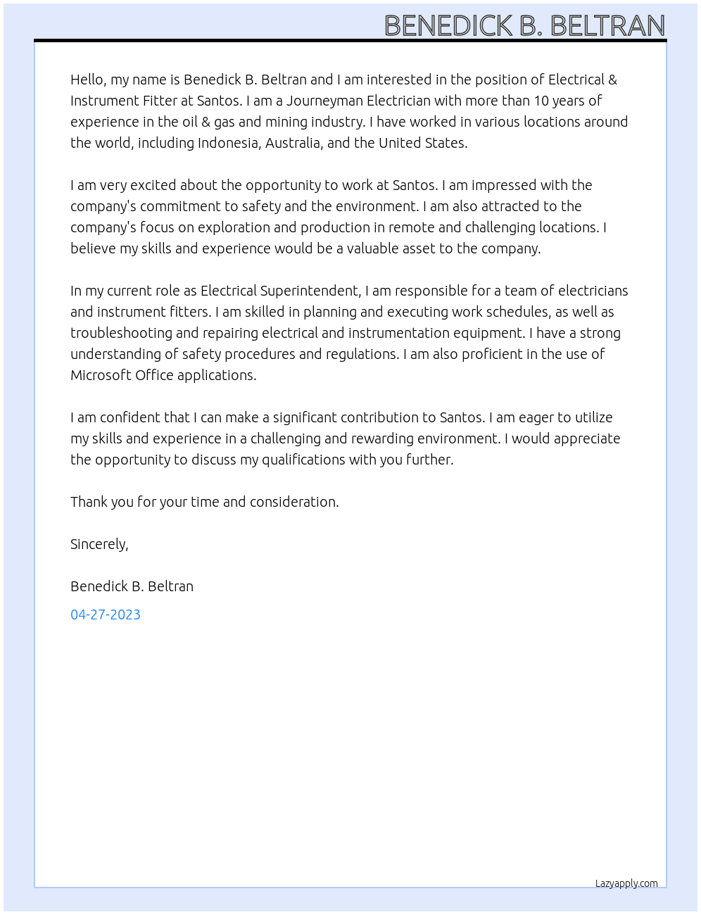 Electrical & Instrument Fitter At Santos Cover Letter