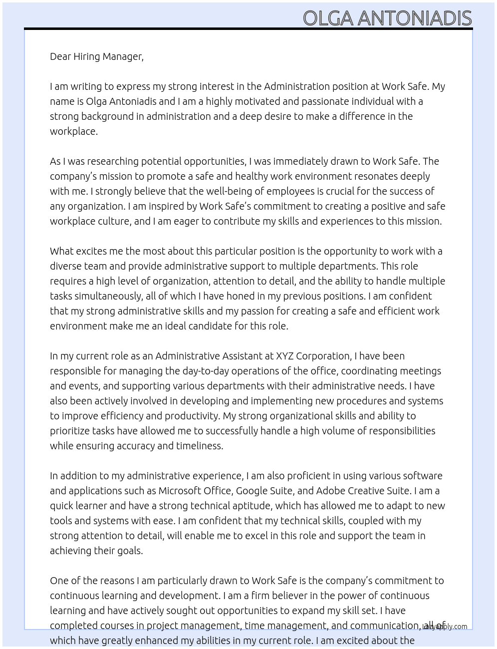 Administration At Work Safe Cover Letter