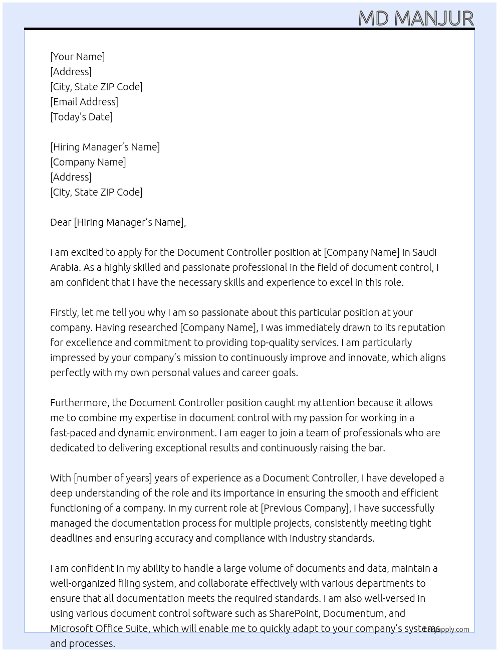 Document controller At Saudi Arabia Cover Letter
