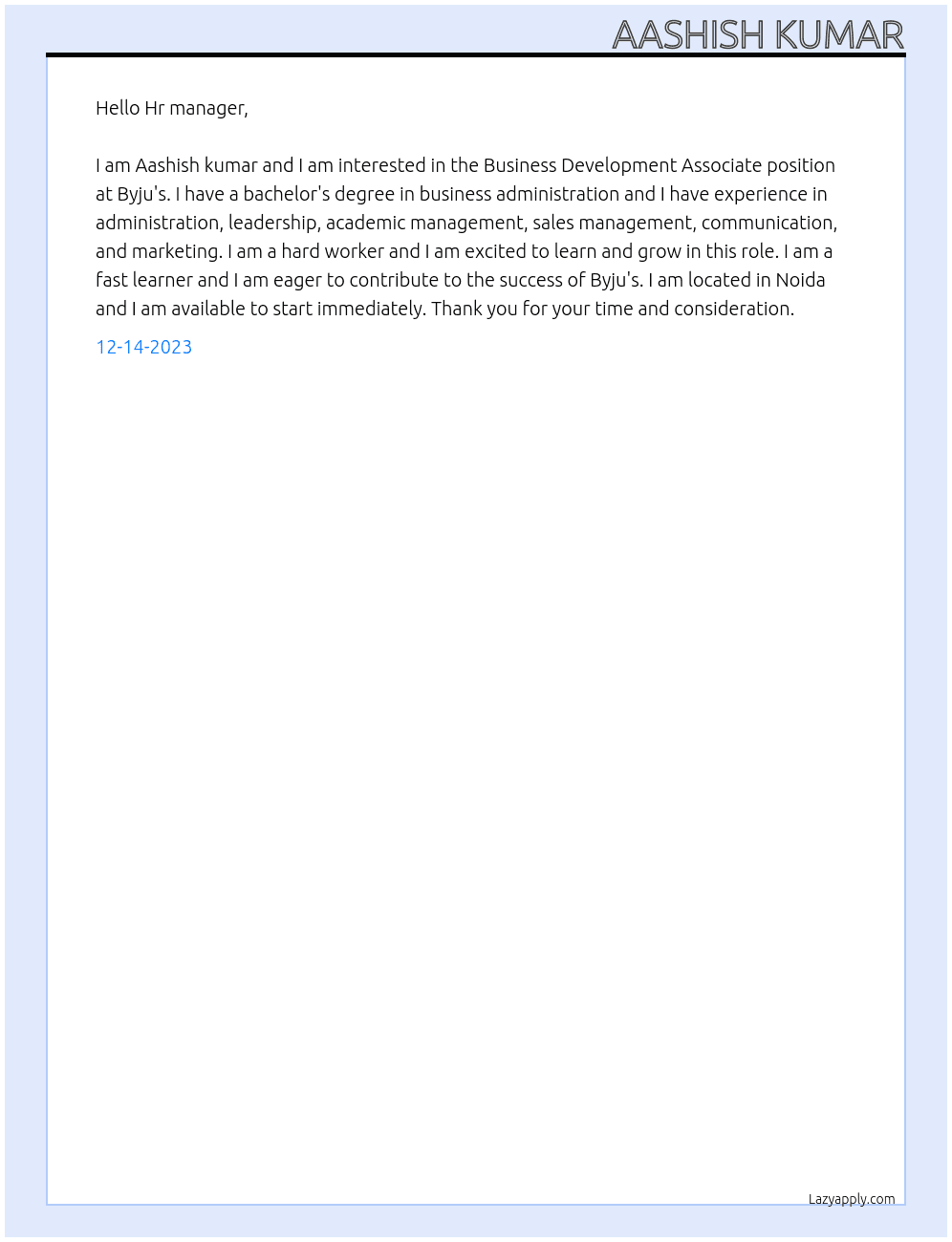 Business Development Associate  At Byju's Cover Letter