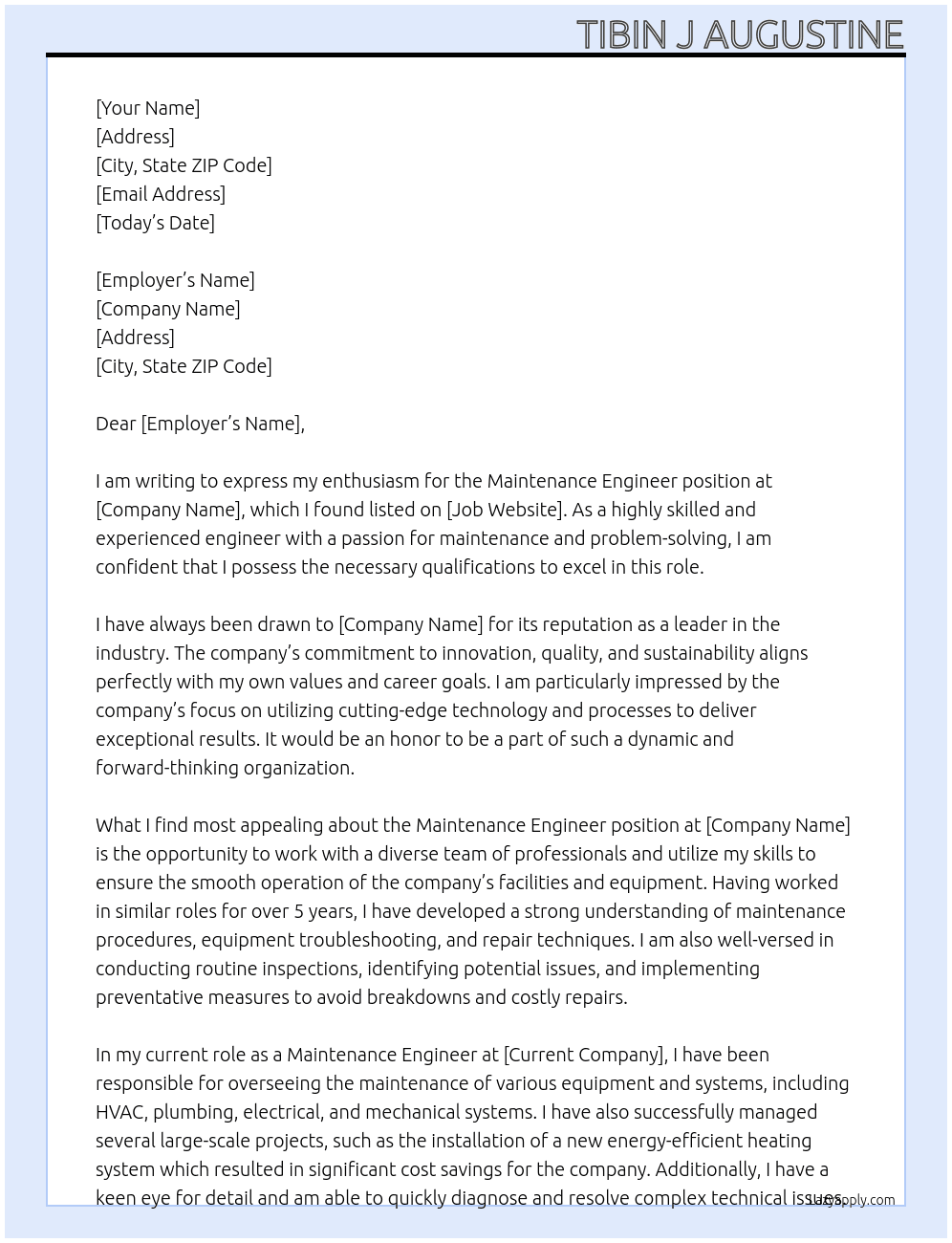 Maintenance Engineer At job website Cover Letter