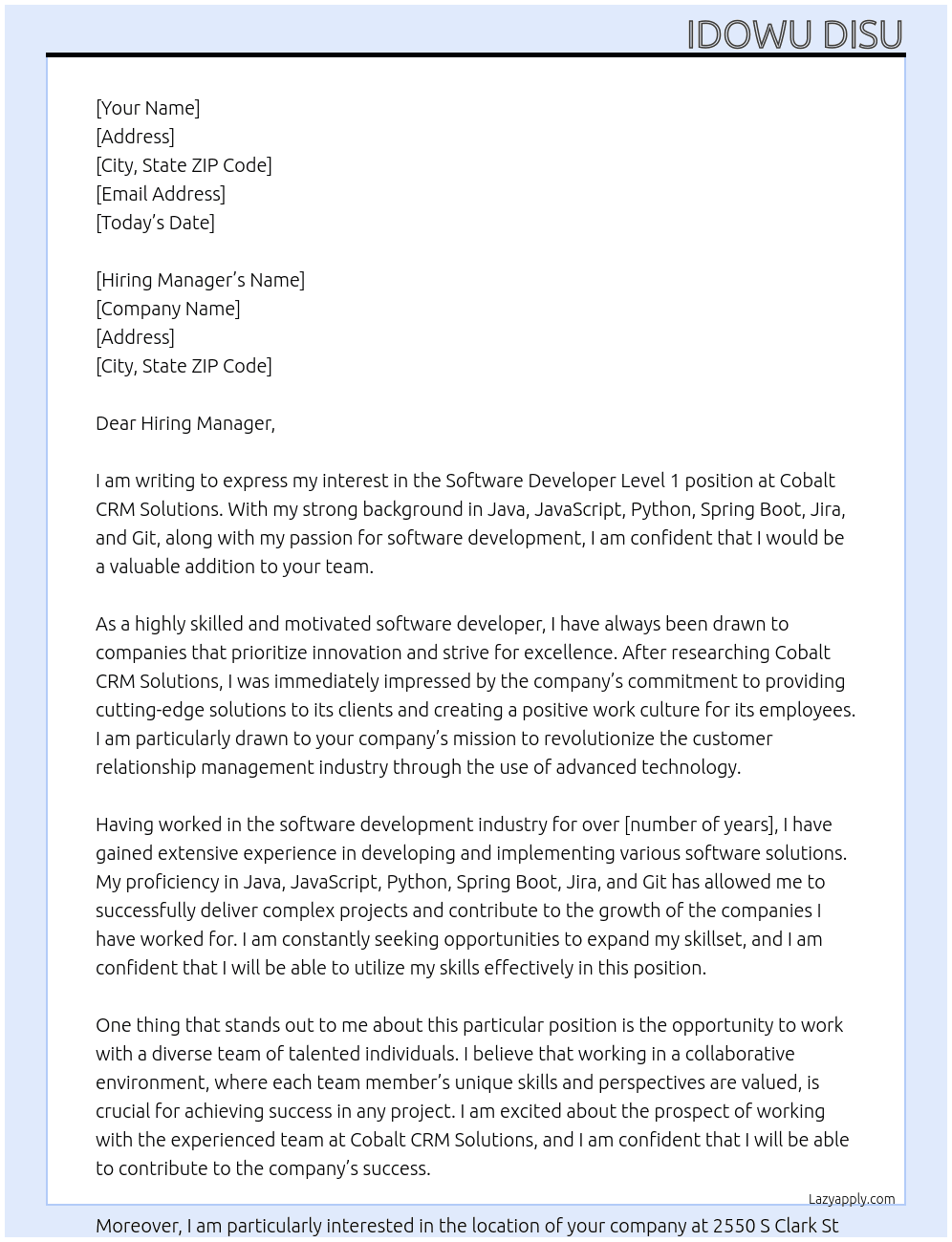 Software Developer Level 1 At Cobalt CRM Solutions Cover Letter