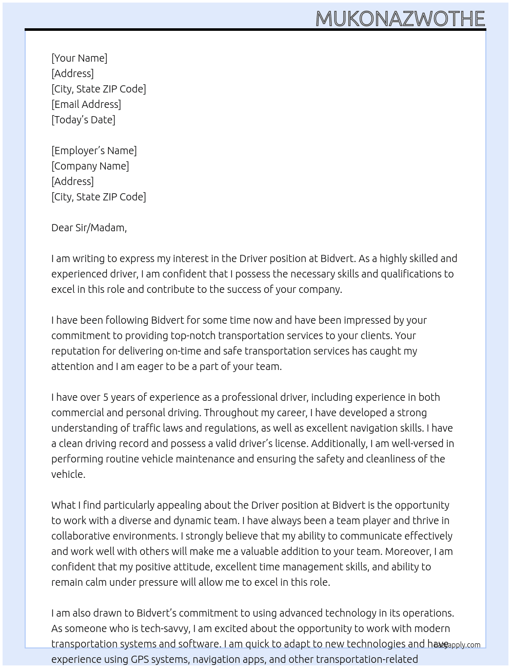 Driver  At Bidvert Cover Letter