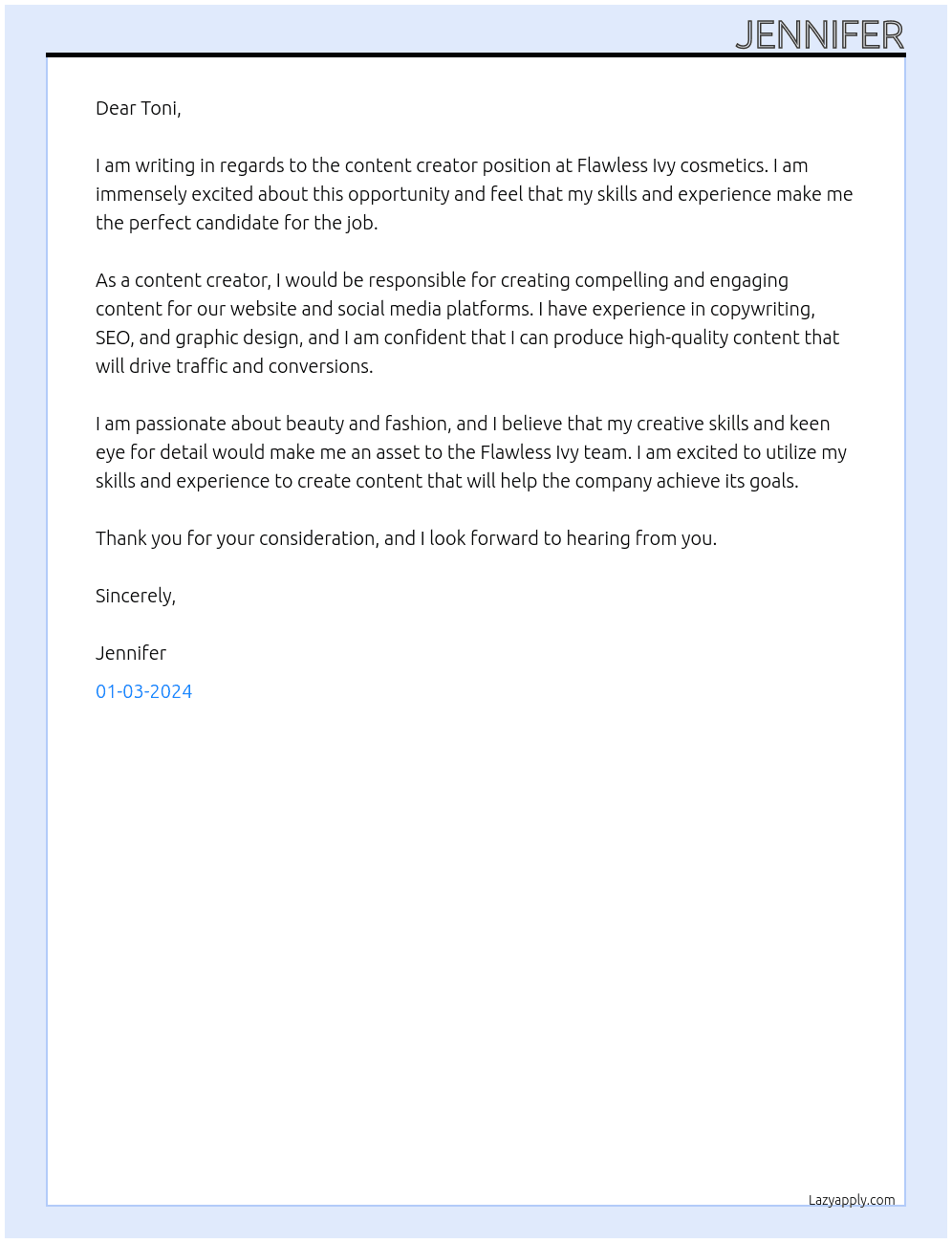 Content creator  At Flawless Ivy cosmetics Cover Letter