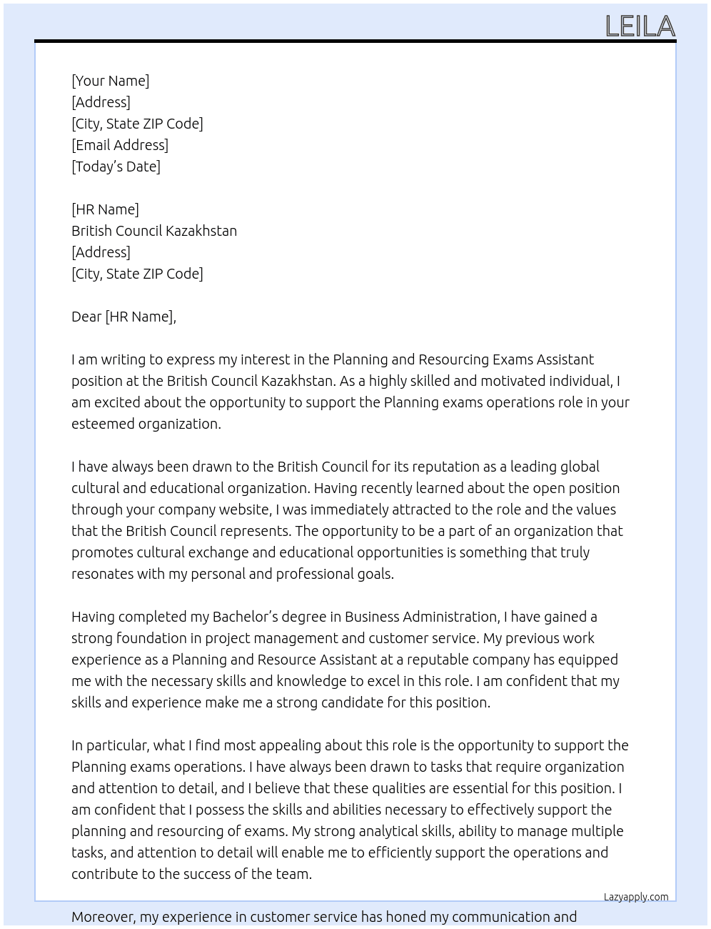 planning and resourcing exams assistan At british counsil kazakhstan Cover Letter