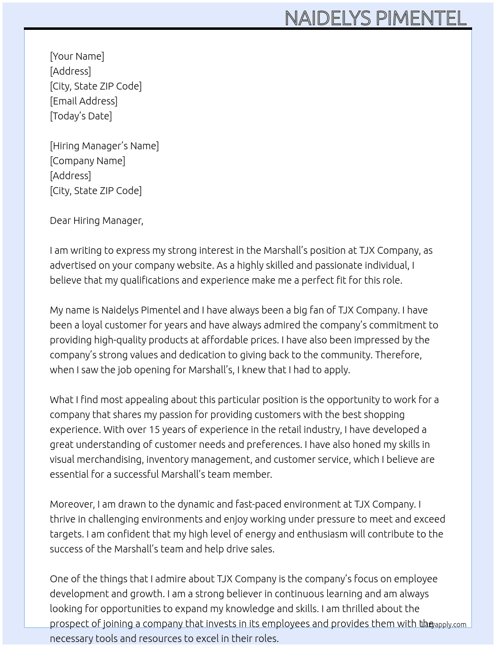 Marshall’s  At TJX Company  Cover Letter
