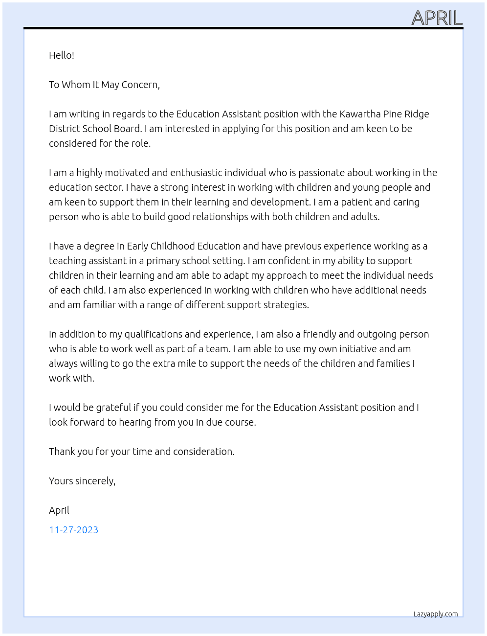 Education assistant  At Kawartha pine ridge district school board Cover Letter