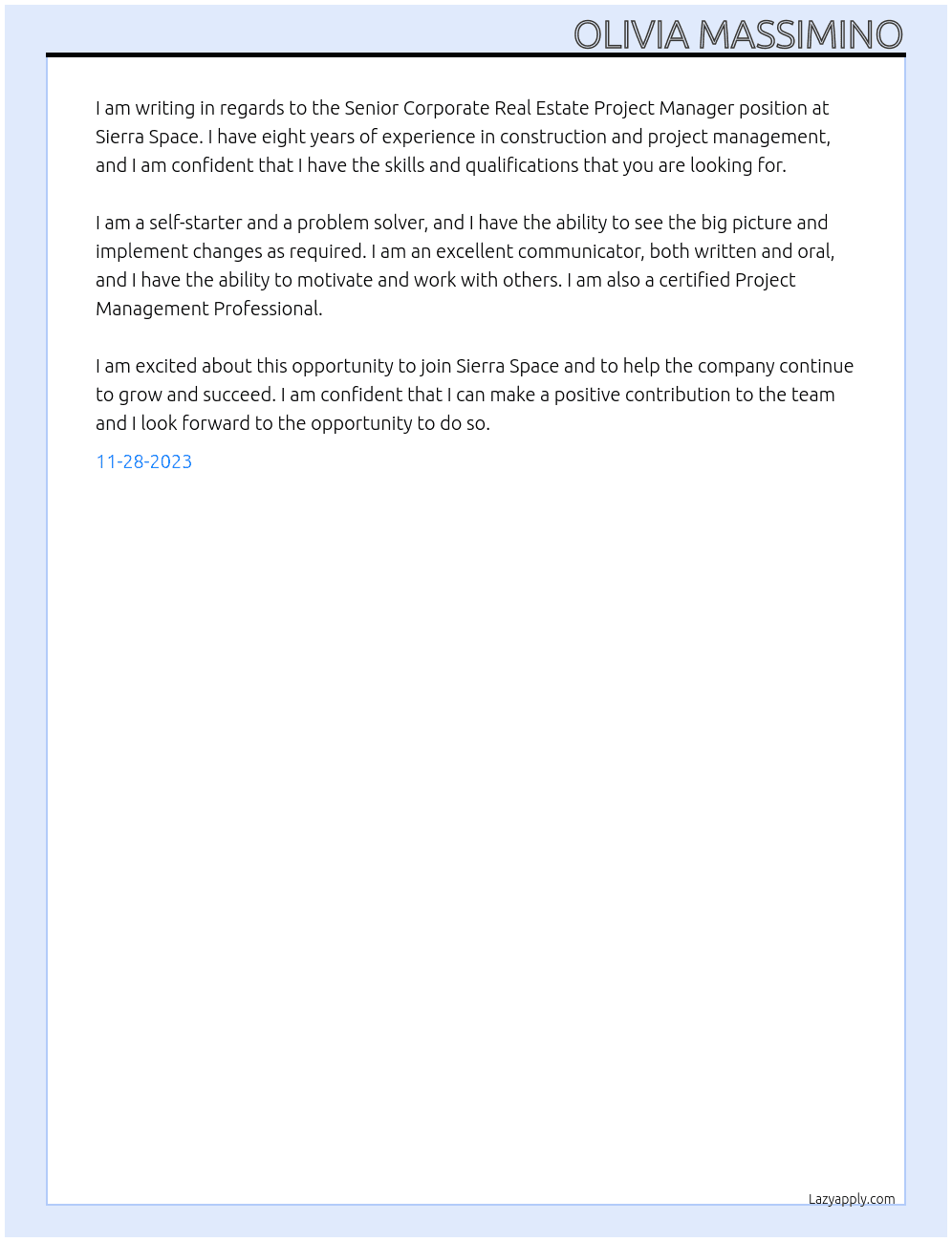 Senior Corporate Real Estate Project Manager At Sierra Space Cover Letter