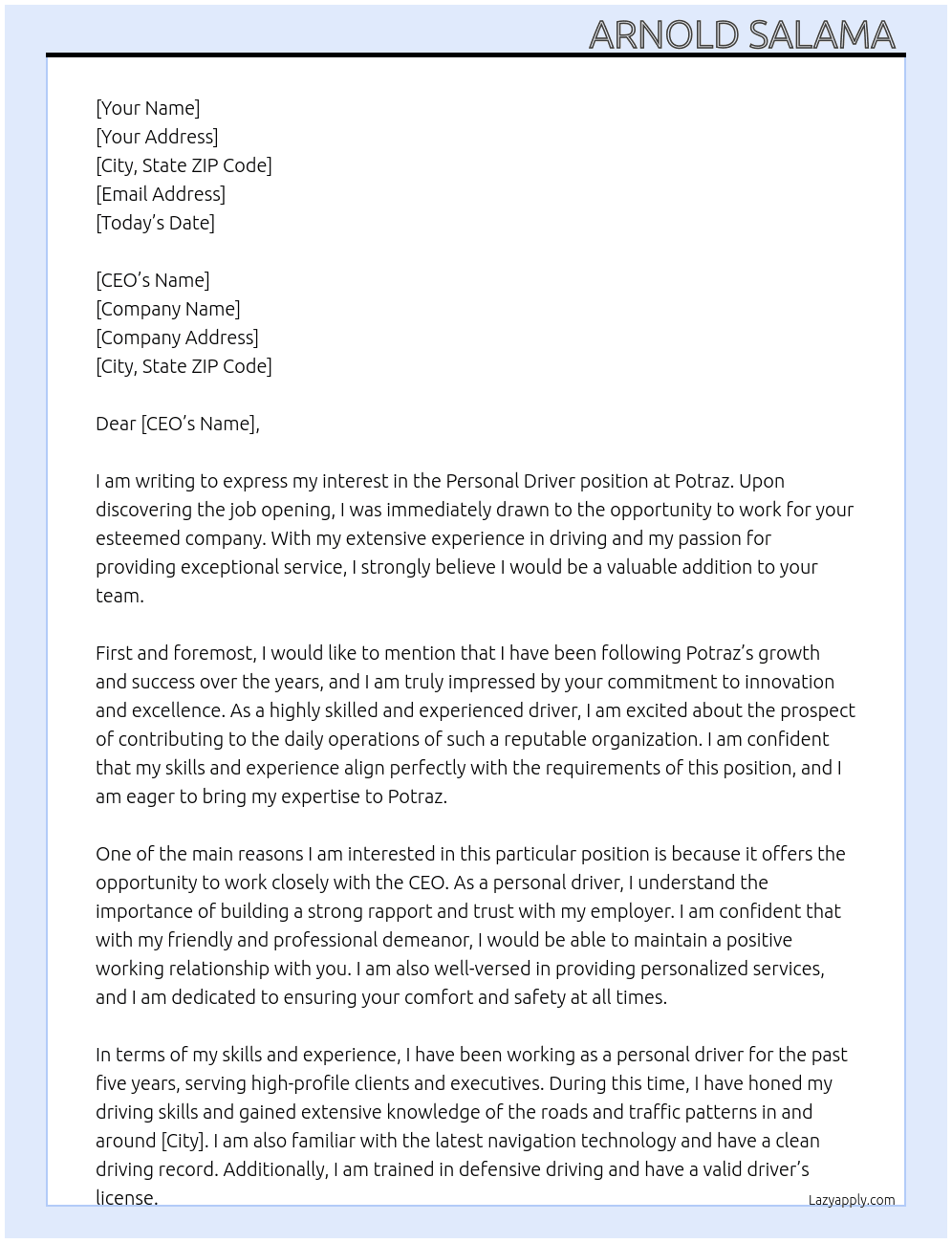 Personal driver At Potraz Cover Letter