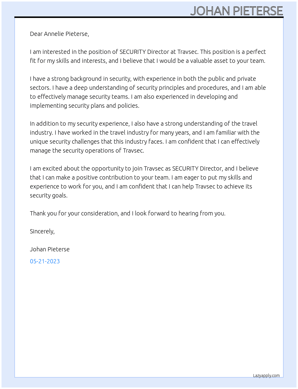 SECURITY Director  At Travsec Cover Letter