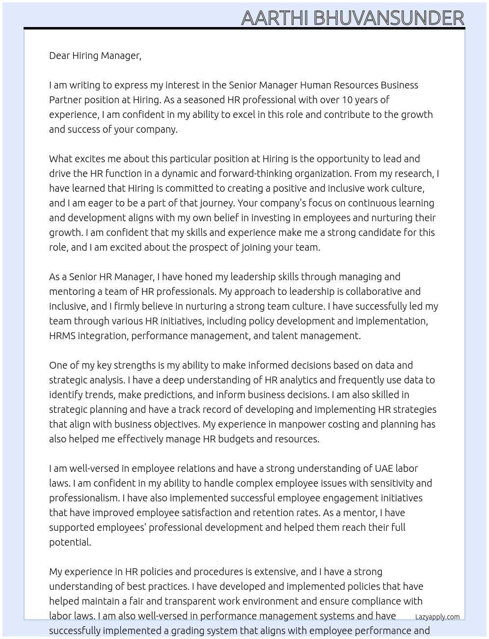 Senior manager human resources business partner At Hiring Cover Letter
