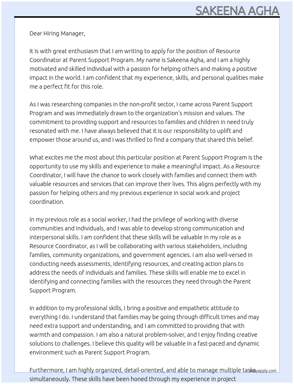Resource Coordinator At Parent Support Program Cover Letter