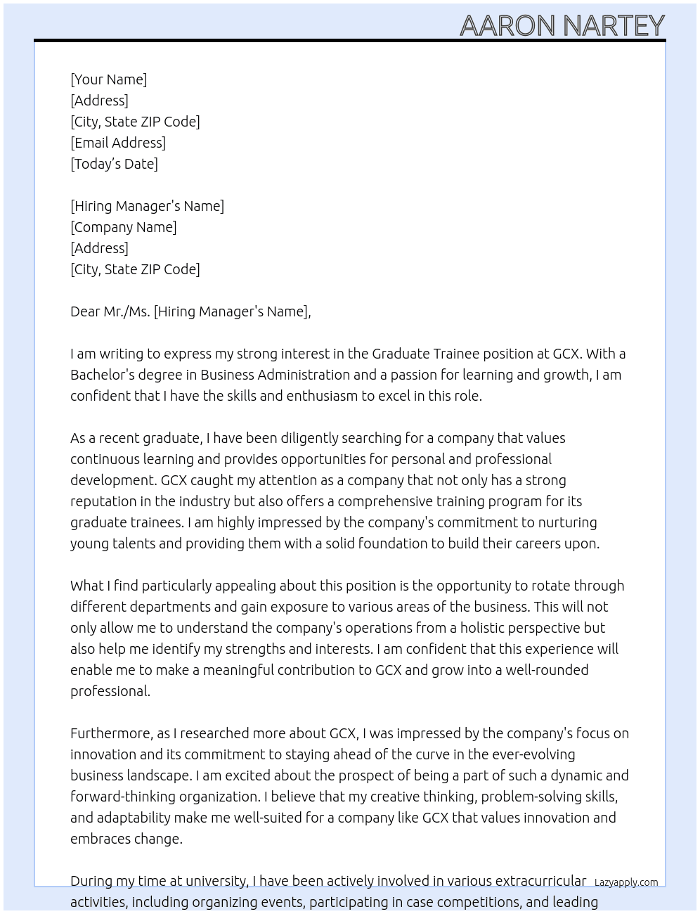 Graduate trainee At GCX Cover Letter