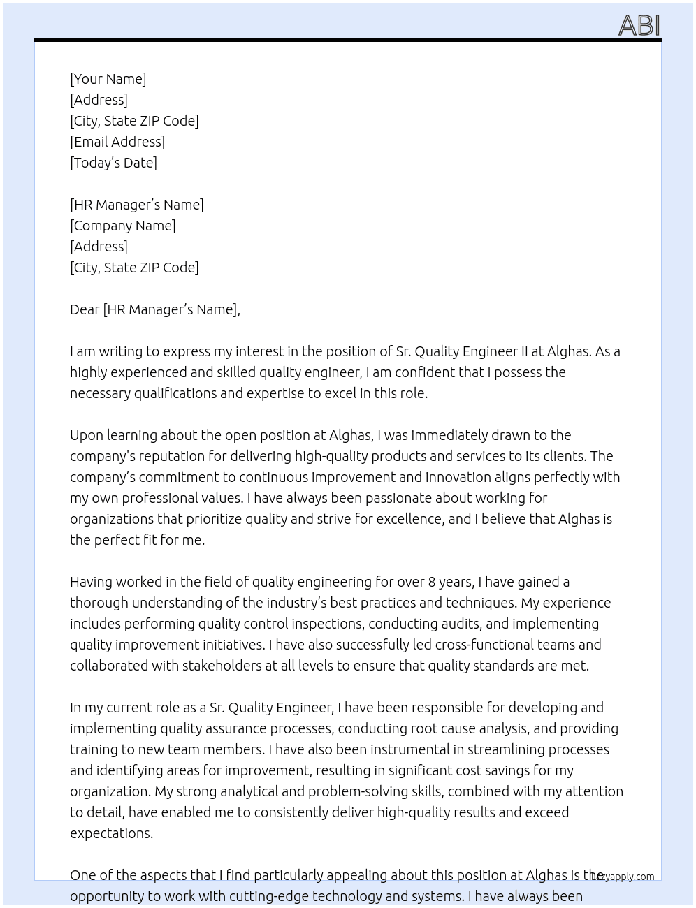 Sr. Quality Engineer II At Alghas Cover Letter