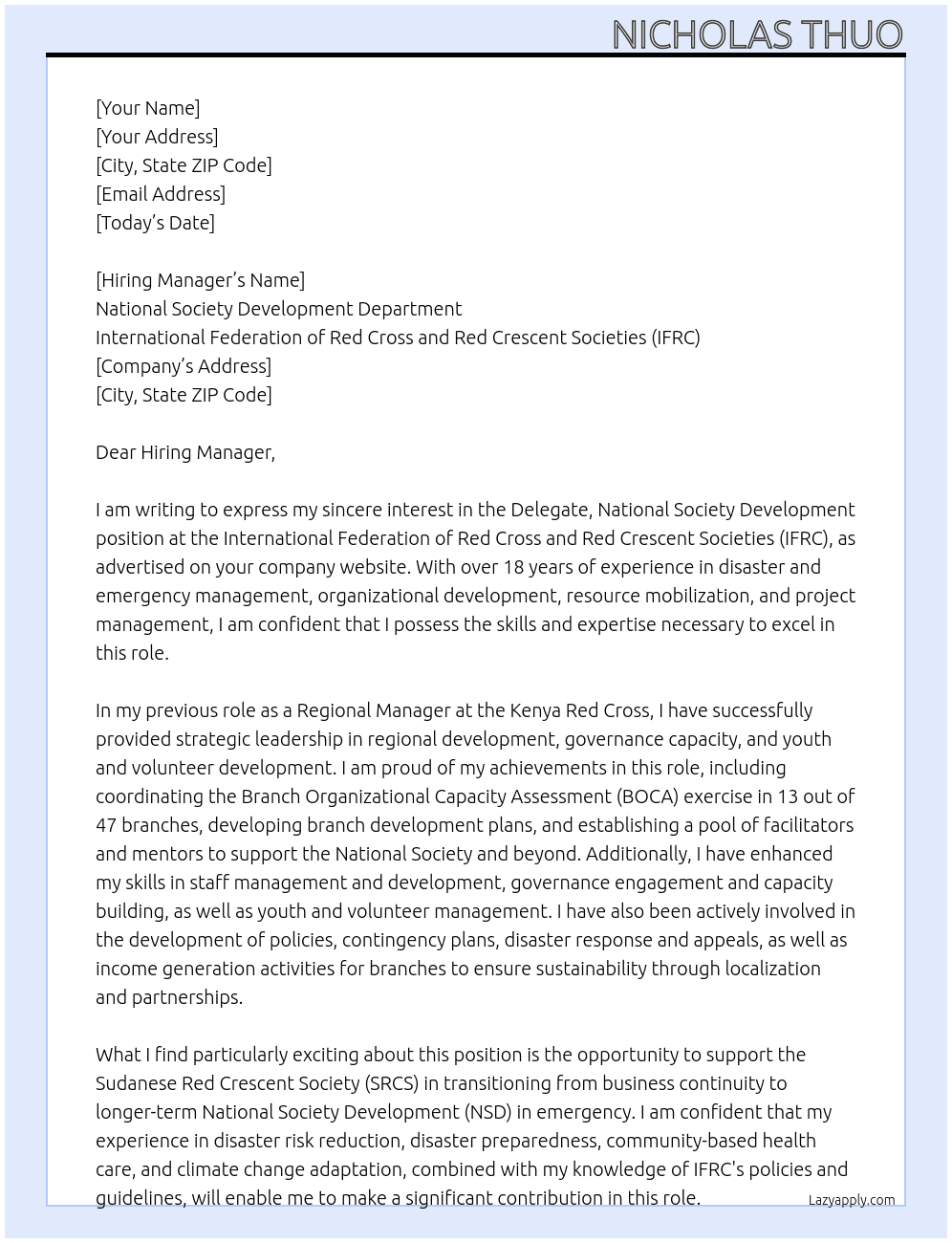 Delegate, National Society Development At International Federation of Red Cross and Red Crescent Societies - IFRC Cover Letter