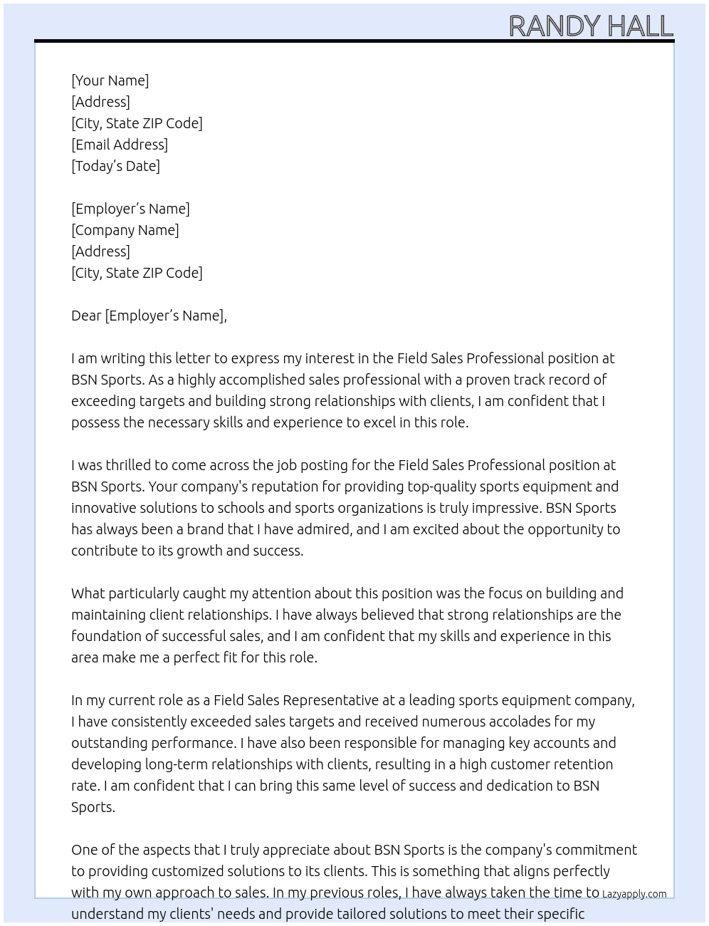 Field Sales Professinal At BSN Sports Cover Letter