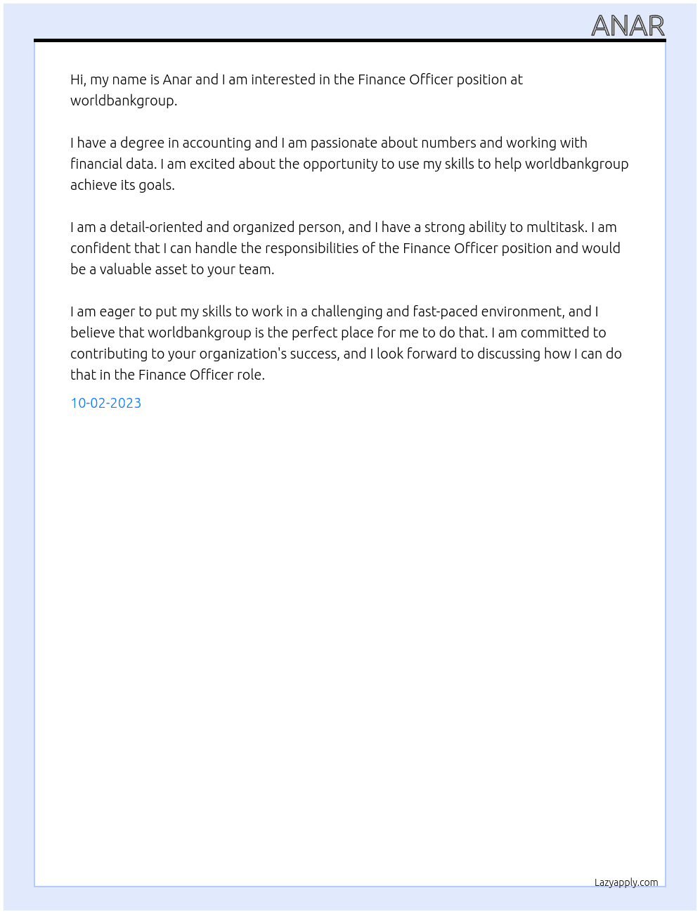 Finance Officer At worldbankgroup Cover Letter
