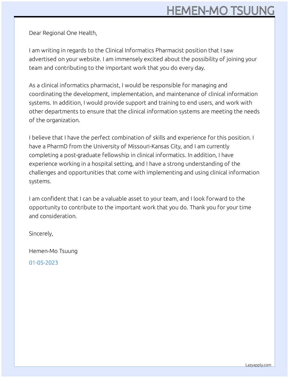 Clinical Informatics Pharmacist At Regional One Health Cover Letter