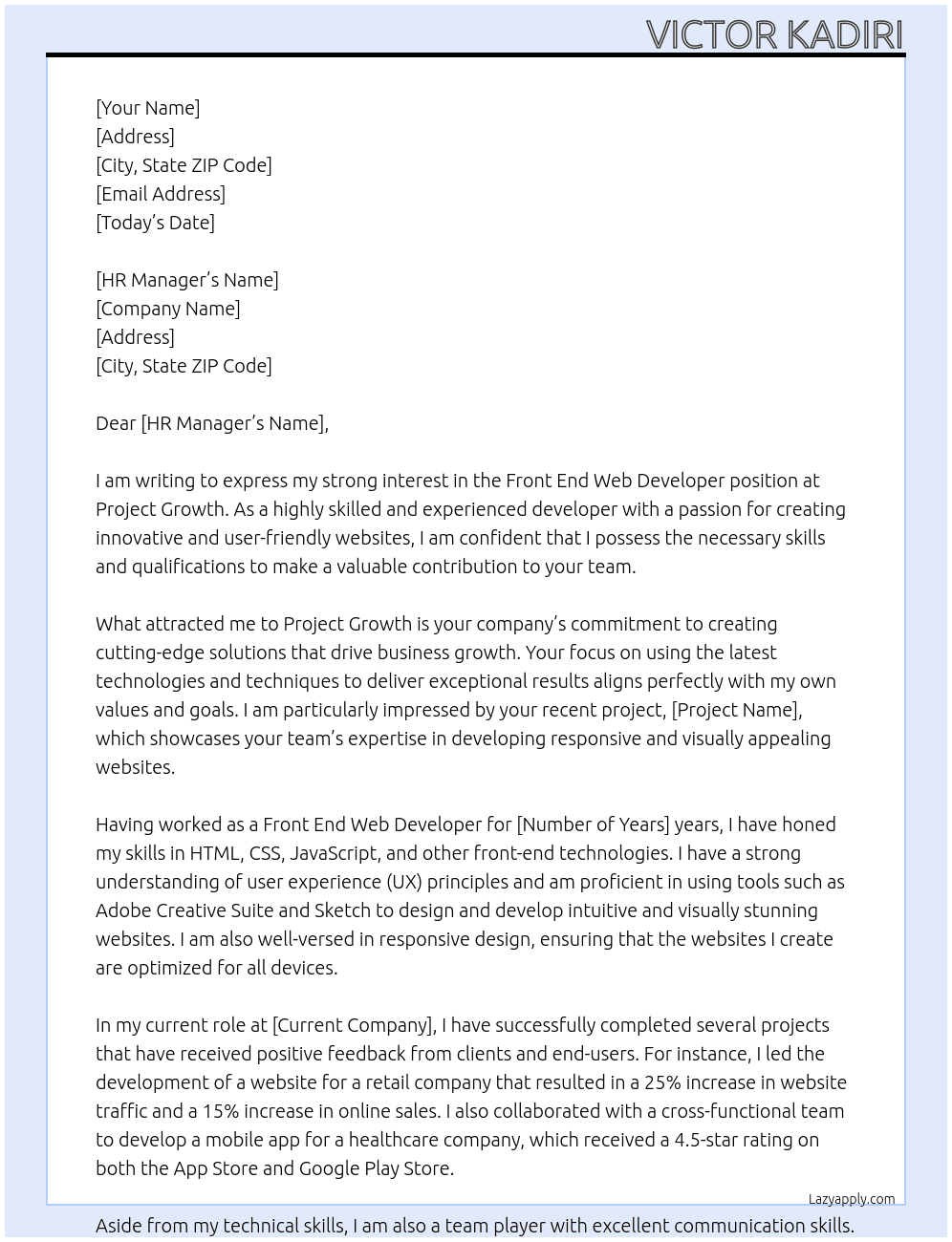 Front end web developer At Project Growth Cover Letter
