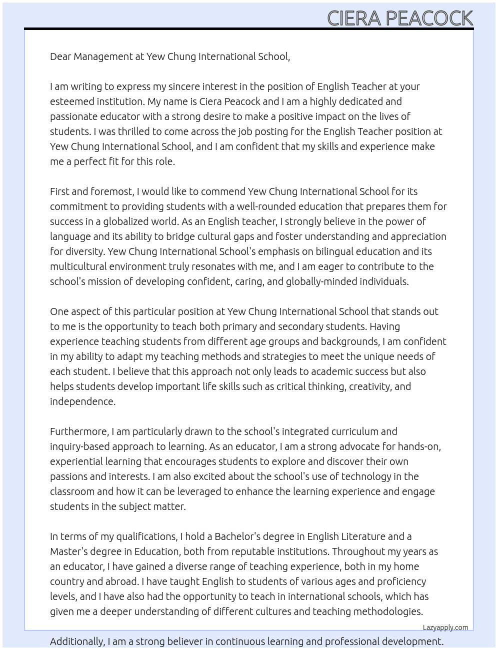 English teacher At Yew Chung International School Cover Letter