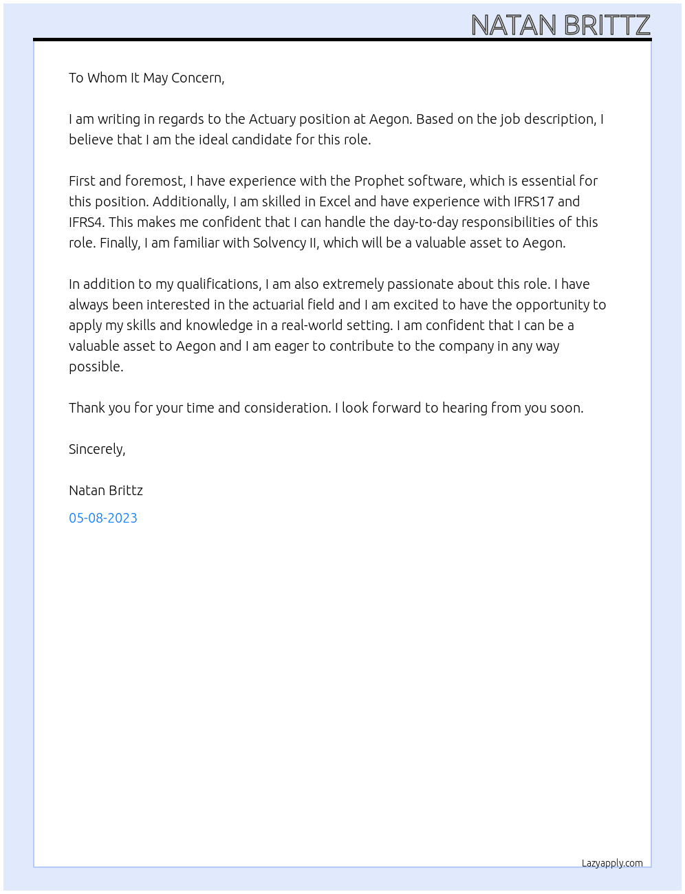 Actuary At Aegon Cover Letter