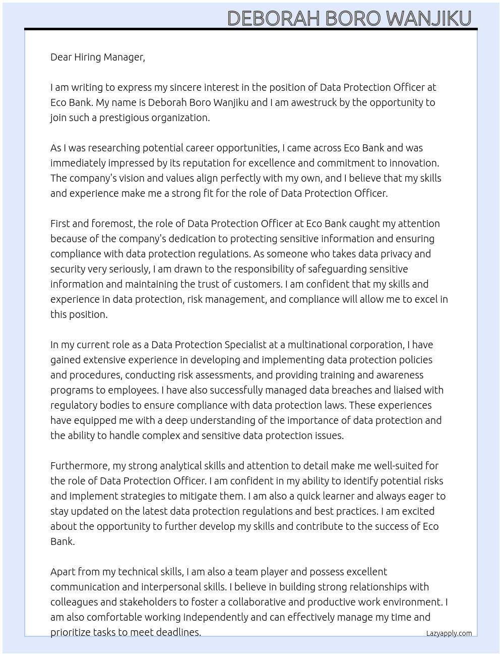 Data Protection Officer  At Eco Bank Cover Letter