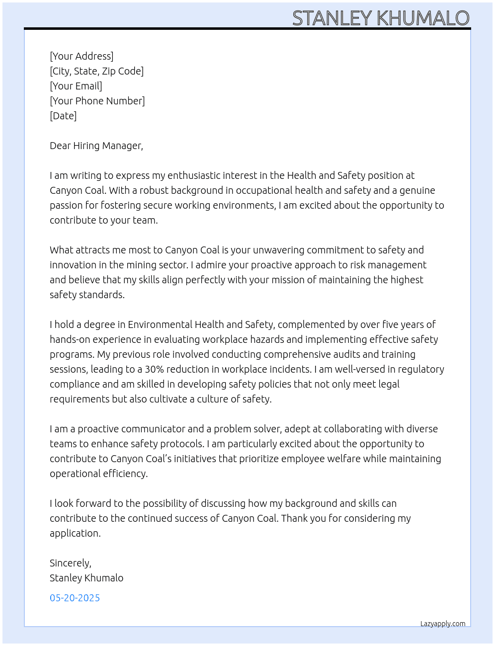 HEALTH AND SAFETY  At CANYON COAL  Cover Letter