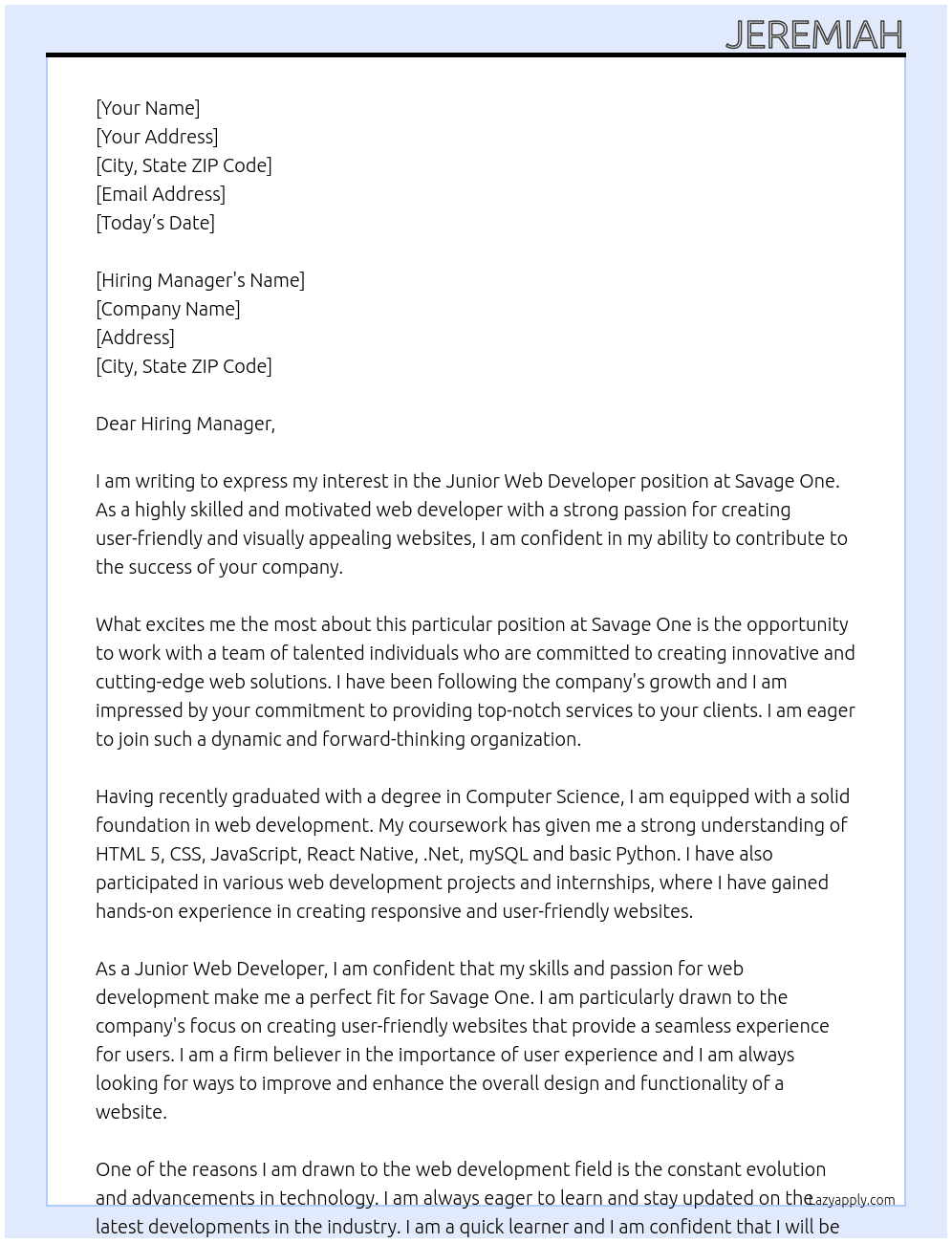 Junior Web Developer  At Savage One  Cover Letter