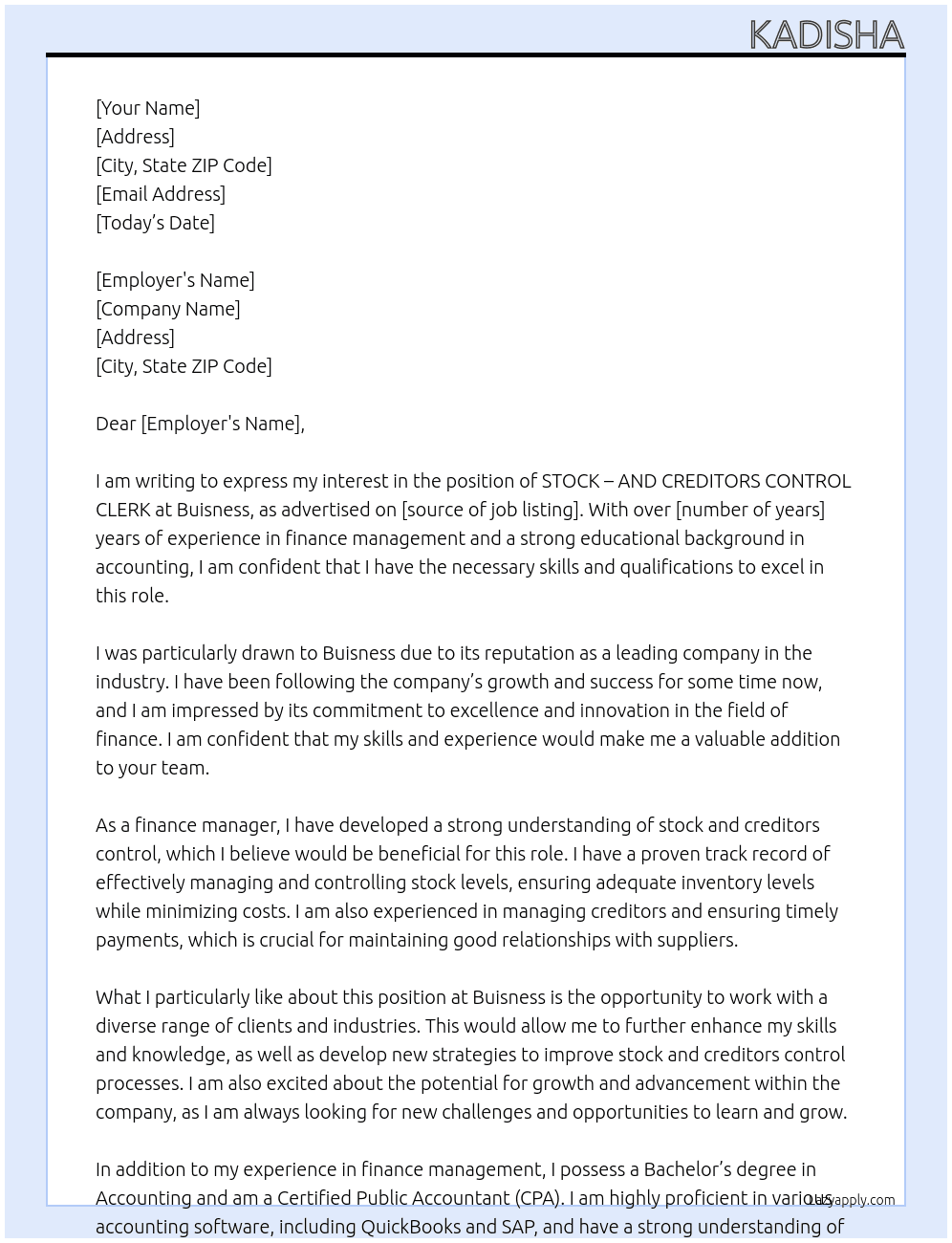 STOCK – AND CREDITORS CONTROL CLERK At Buisness Cover Letter